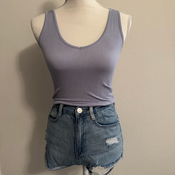 Purple Stretchy Ribbed Crew Neck Crop Top Tank Sleeveless Size S/M - Picture 2 of 6